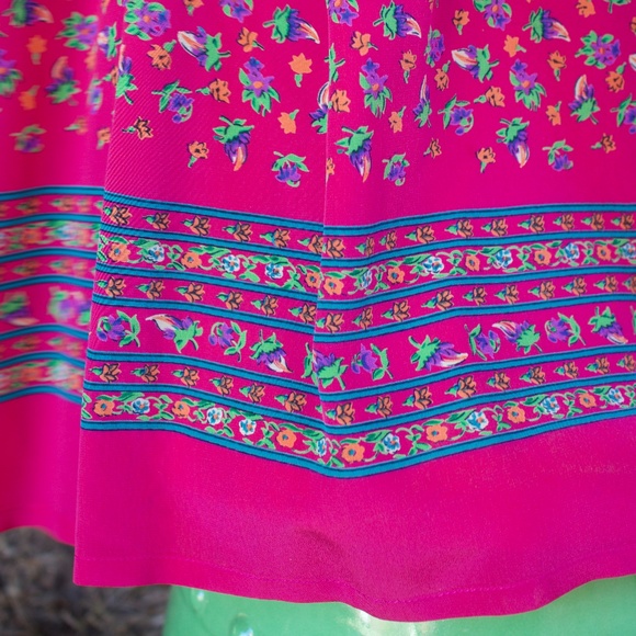 Vintage I. Magnin 100% Silk Fuchsia Long Sleeve Floral Boho Midi Dress Size L - Picture 14 of 17